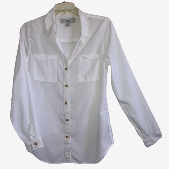 THREAD + SUPPLY S 100% Lyocell Solid White Long Sleeve Button Blouse Top Pockets - Picture 1 of 5